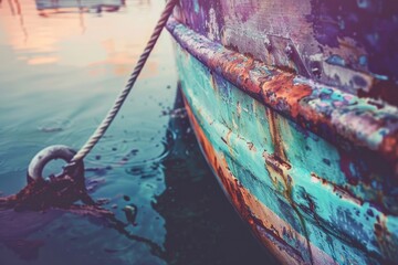 An old, weathered boat tied at a dock, with peeling paint and rust, conveys a sense of history
