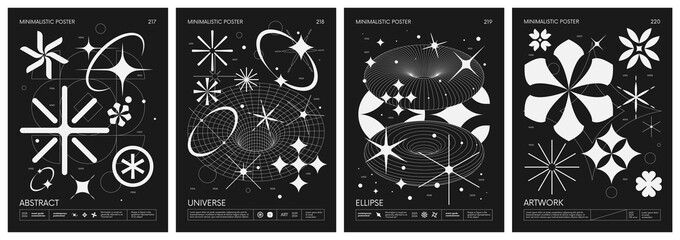 Black and White minimalistic Posters acid style with strange wireframes geometrical shapes and silhouette y2k basic figures, futuristic design inspired by brutalism, set 55 - 747636491