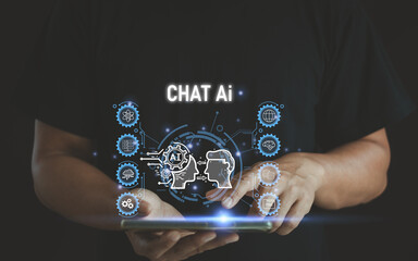 Chat Ai tech concept. Business people use tablet to connect robot chatting with AI bot...