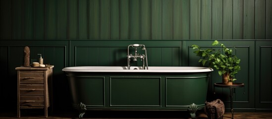 A bathroom with dark green rustic walls and a classic claw foot tub as the focal point. The tub is...