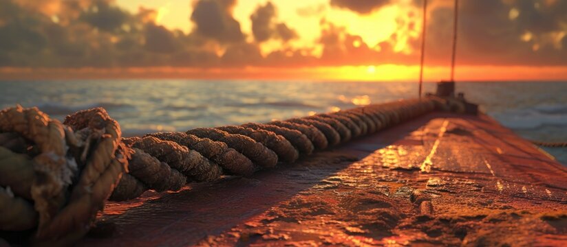 A close up view of a rope on a boat in the water, secured with an iron pipe at sunrise.