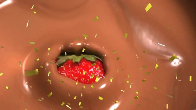 Animation of confetti falling over strawberry in chocolate