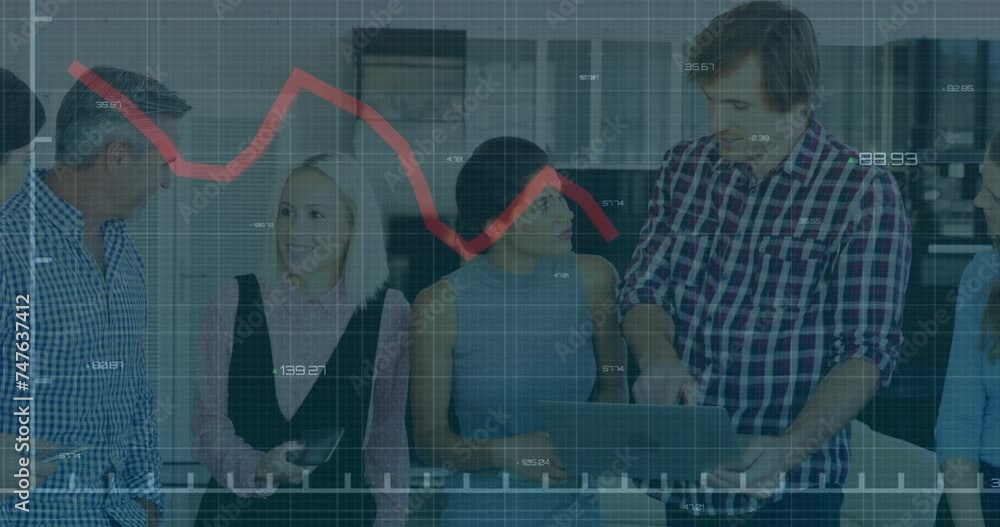 Poster animation of financial data processing over diverse colleagues using tablet in office