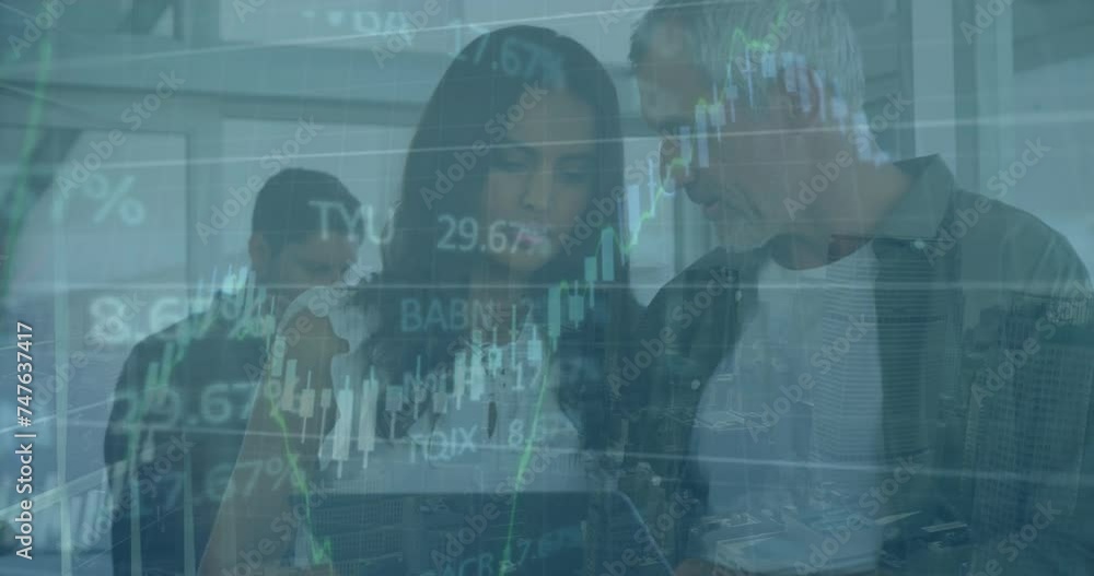 Poster animation of financial data processing over diverse colleagues using tablet in office