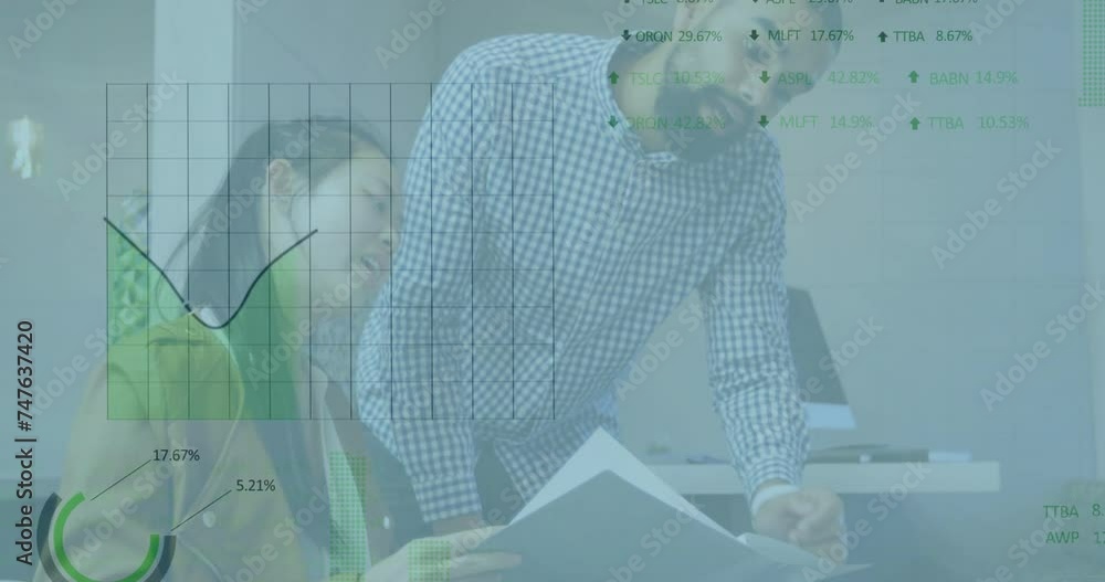 Poster animation of financial data processing over diverse colleagues discussing work in office