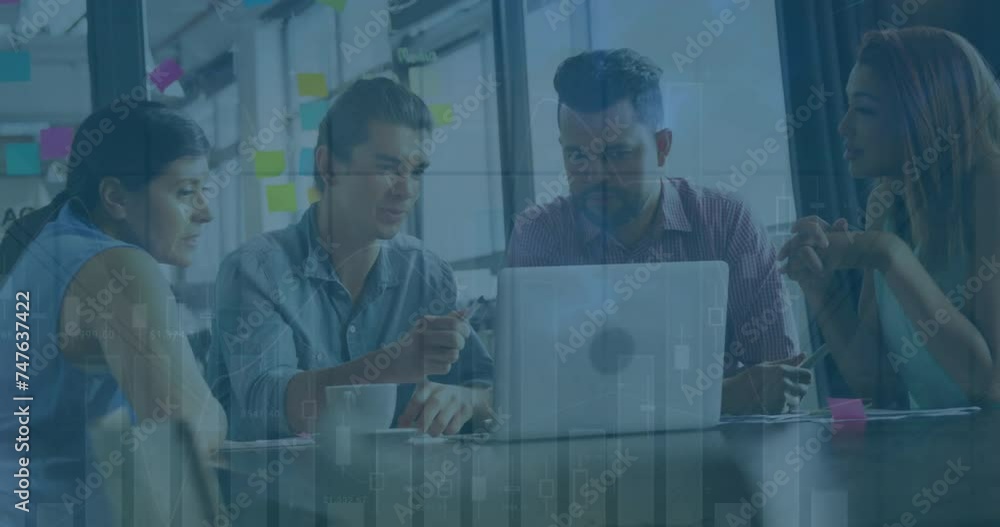 Poster Animation of financial data processing over diverse colleagues using laptop in office