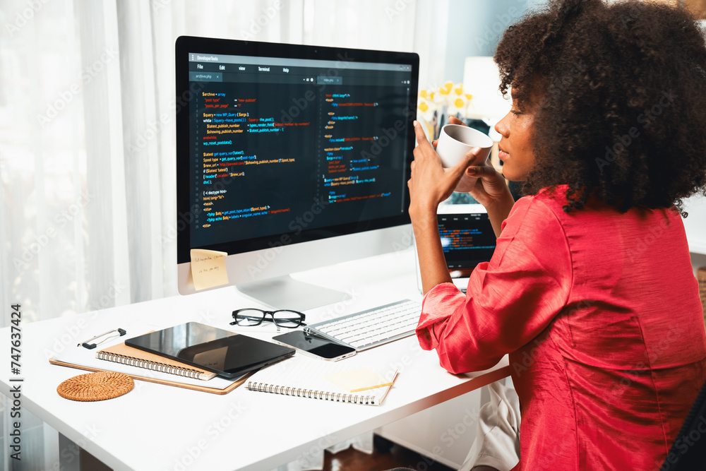 Poster young working african woman creating coding website developer, thinking data information designer at
