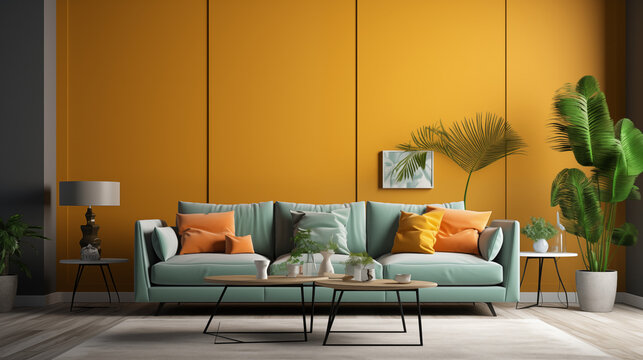 Stylowe eklektyczne boho wnętrze salonu z designerską ż&oacute;łtą ścianą, sofą, meblami, nowoczesnym obrazem, roślinami i eleganckimi akcesoriami osobistymi. Wystr&oacute;j domu. Projektowanie wnętrz. Szablon.