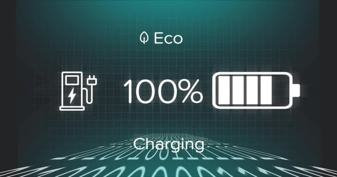 Animation of battery charging with growing number over data processing on black background