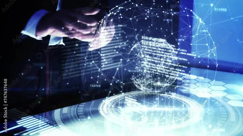 Poster animation of caucasian businessman using digital interface with globe of connections