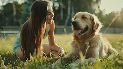 Happy beautiful girl playing with a happy golden retriever dog on the backyard lawn.  - obrazy, fototapety, plakaty