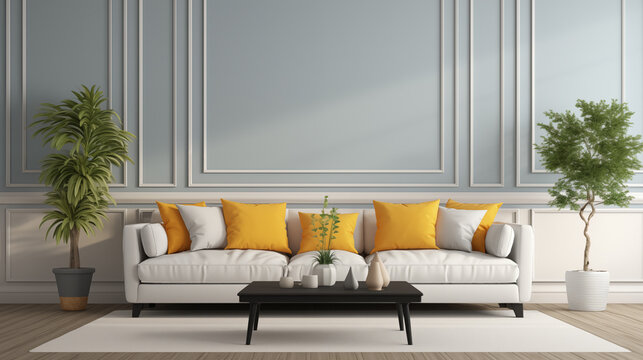 Stylowe eklektyczne wnętrze salonu z designerską jasną sofą, meblami, nowoczesnym obrazem, lamperią, roślinami i eleganckimi akcesoriami osobistymi. Wystr&oacute;j domu. Projektowanie wnętrz. Szablon.