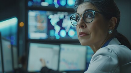 Hispanic female senior data scientist reviewing reports of risk management department on a big digital screen in the monitoring room. 
