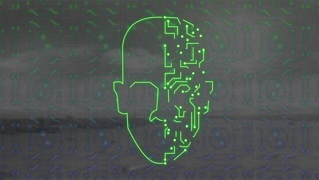 Animation of head silhouette with computer circuit board over landscape