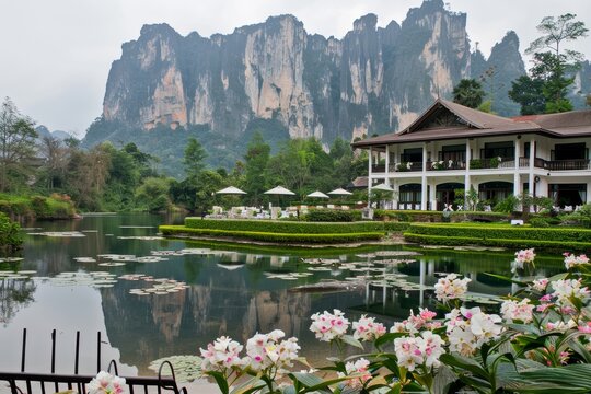 A tranquil scene of a mountain resort with lush gardens and dramatic cliffs, reflecting peace and escape