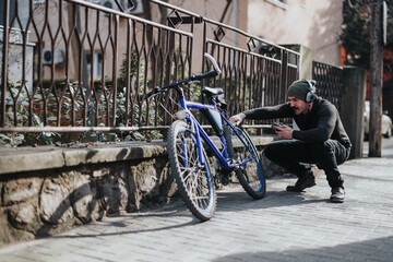 A focused man with headphones fixing his bike on a sunny city street, exuding a sense of...