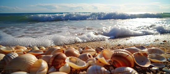 Numerous Sea Tobo shells scattered on the sandy beach during a serene afternoon.
