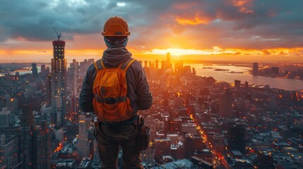 A worker with an orange hard hat and backpack looking at the city skyline, from the top of a skyscraper under construction. - obrazy, fototapety, plakaty