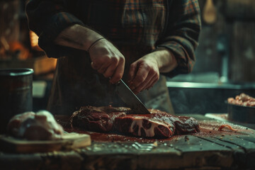 Butcher cutting meat on a chopping board with a knife in his hands