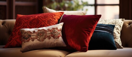 A couch covered in an array of colorful pillows, adding a pop of color and comfort to the seating area. The pillows are neatly arranged in various shapes and sizes,