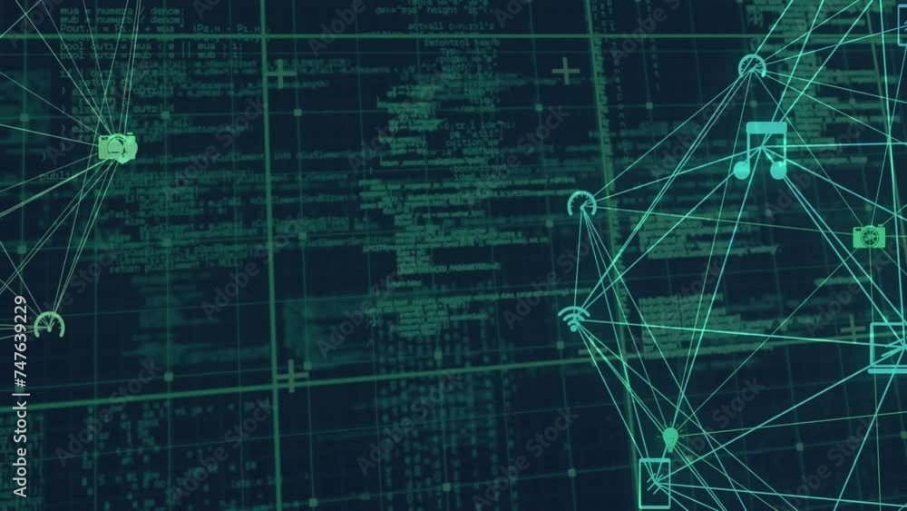 Poster animation of network of connections with social media icons over data processing on black background