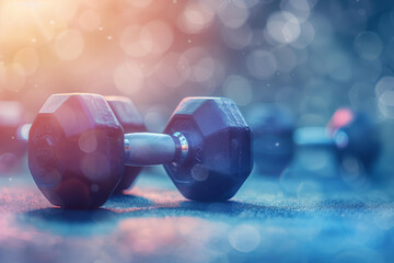 dumbbells gym closeup against blurred fitness club background - obrazy, fototapety, plakaty