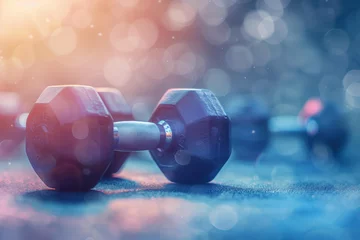 Acrylic prints Fitness dumbbells gym closeup against blurred fitness club background