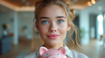 Young Businesswoman with Piggybank, Symbolizing Financial Planning and Investment