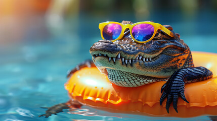 Alligator in Yellow Sunglasses Relaxing on a Pool Float, Unique Summer Leisure Scene