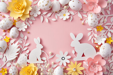 paper cut style easter greeting card border frame with bunny, flowers and eggs. 