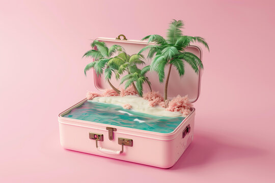 
paradise island inside a pink travel suitcase as creative travel concept