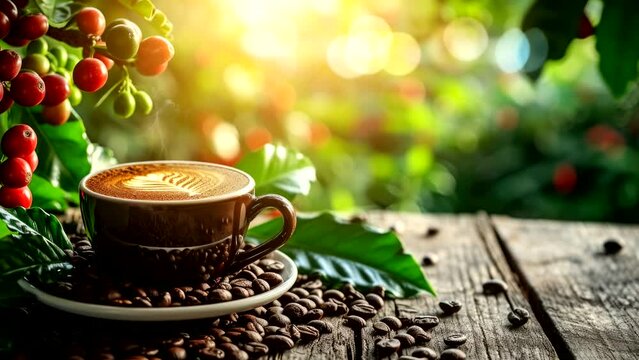 Coffee Cup in Nature: A steaming cup of coffee rests on a wooden table surrounded by nature, complemented by coffee beans.