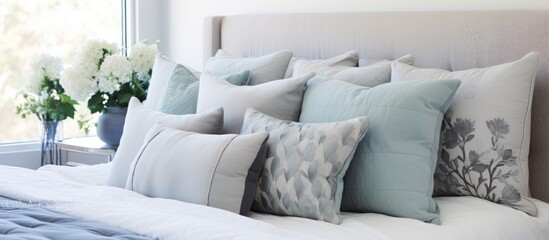 A bed covered with gray pillows sits next to a window. The soft blue upholstered headboard creates a calming atmosphere in the room.