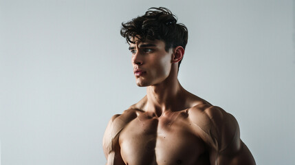 Portrait of a handsome and muscular male model with ripped body showing left profile  and torso with grey background 