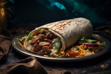 Rustic ambiance close-up photography of a tempting shawarma on a rustic plate against a denim fabric background. AI Generation