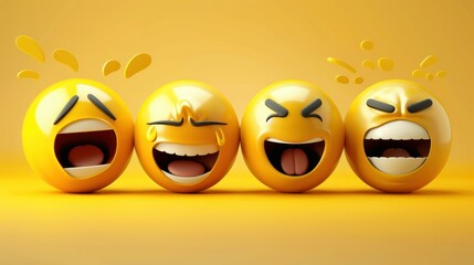 Screaming to laughing, 3D yellow emoji faces capture a wide emotional spectrum, against yellow