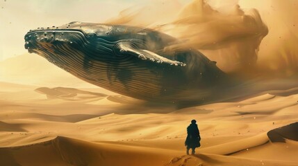 Surrealistic whale wandering through desert dunes, an otherworldly blend of elements - obrazy, fototapety, plakaty