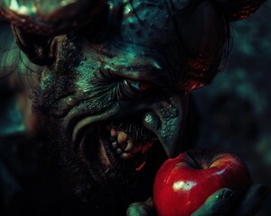 The devil indulging in a red apple, a close-up shot enveloped in shadows, evoking dark allure