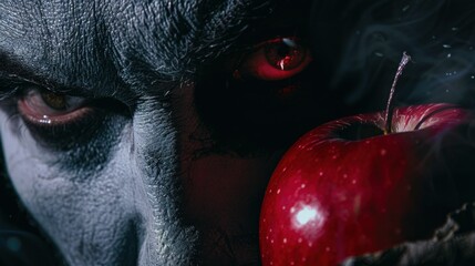 The devil's close-up with a red apple, a darkly enchanting moment of seduction and sin
