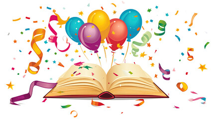 Książka leży otwarta, z której wychodzą kolorowe balony i serpentyny, nadając jej wygląd jak z przyjęcia urodzinowego