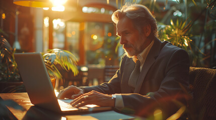 Un homme mûr en costume travaille en toute concentration sur son ordinateur dans un grand bureau décoré de plantes vertes et baigné de lumière