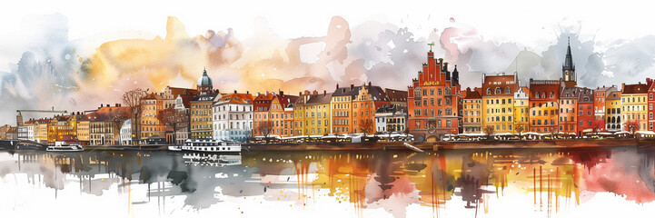 Panoramic watercolor illustration of european cityscape along river. travel concept. vacations concept. Europa, Coimbra, Sevilla, amsterdam, lisboa,... - obrazy, fototapety, plakaty