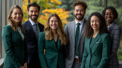 Une équipe de six consultants RSE habillés en vert, acteurs innovants et ambitieux de la transformation sociétale et environnementale des entreprises, diversité en entreprise - obrazy, fototapety, plakaty