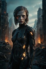 Fototapeta premium A picture of a girl from the future in a war