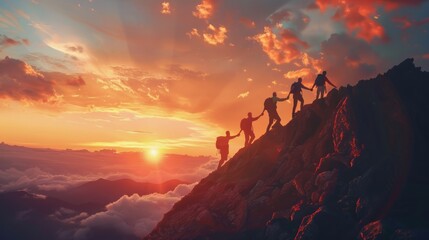 Team of People Holding Hands, Helping Each Other Reach the Mountain