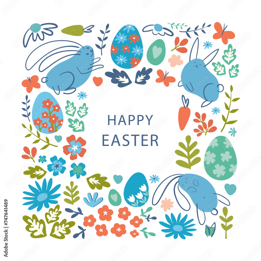 Poster easter background with colorful eggs on square frame background with text happy easter. decorated ea