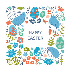 Easter background with colorful eggs on square frame background with text Happy Easter. decorated easter card
