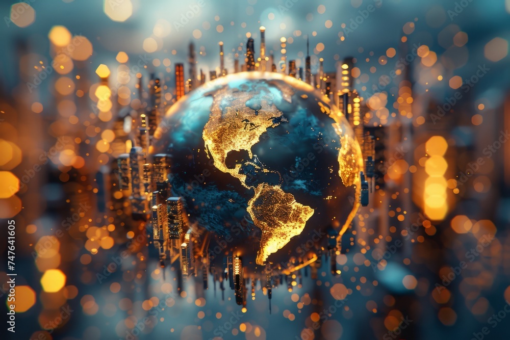 Poster the world with cities and a planet around it generative ai