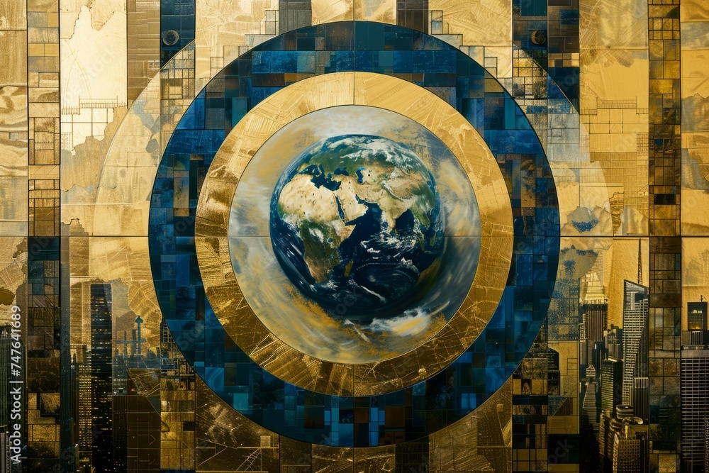 Poster global city with the earth in it in the style of geometric shapes and patterns generative ai