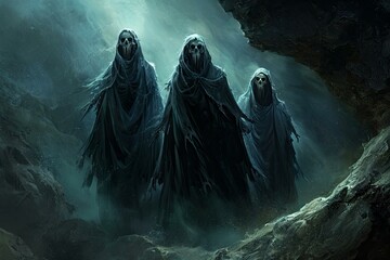 Three spooky skeletal spectral figures looming in a dark cave - obrazy, fototapety, plakaty